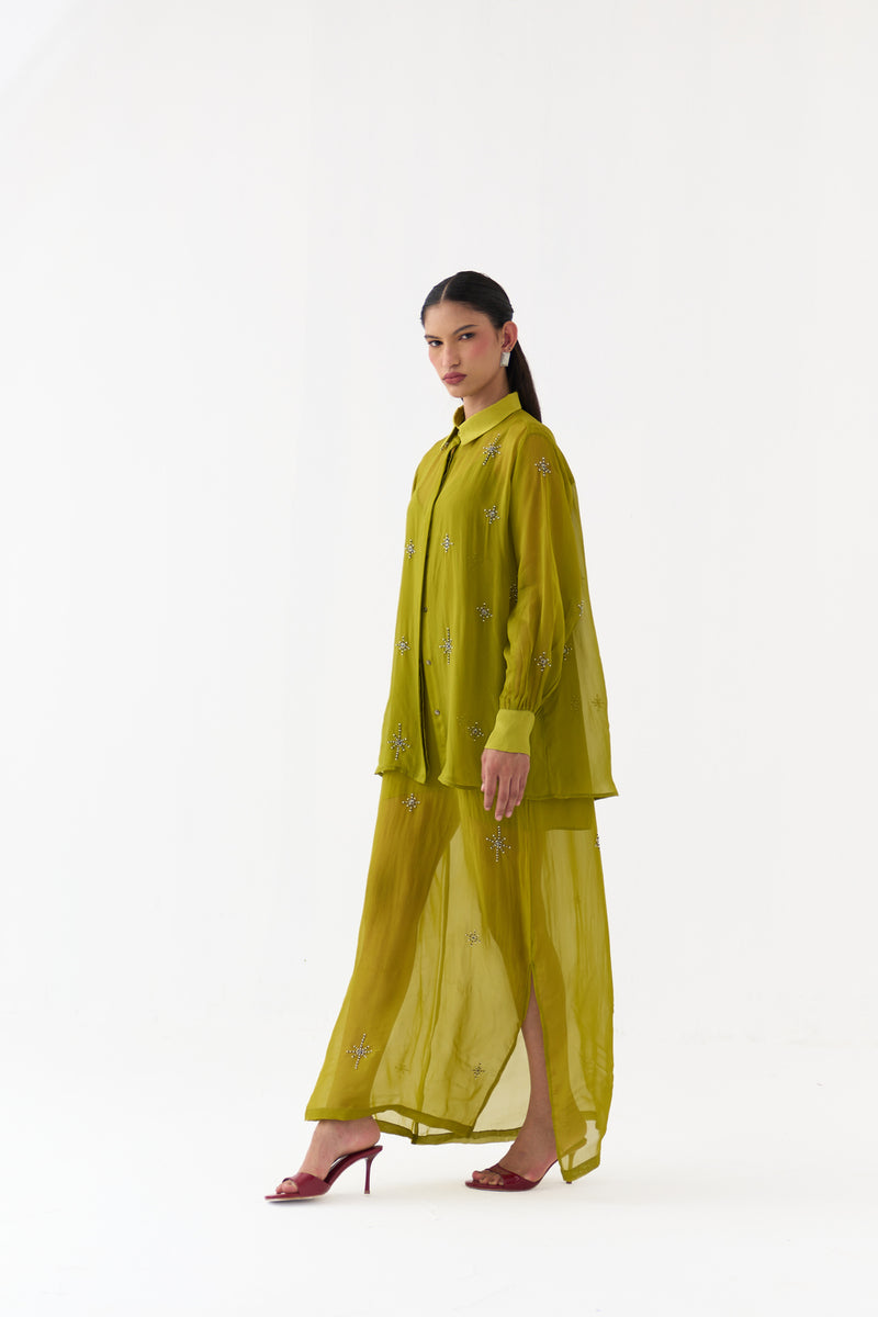 Hand Emb. Detail Shirt Co-Ord (Set Of 2)-Electric Lime organza co-ord set by THREE in yellow for women Worldwide