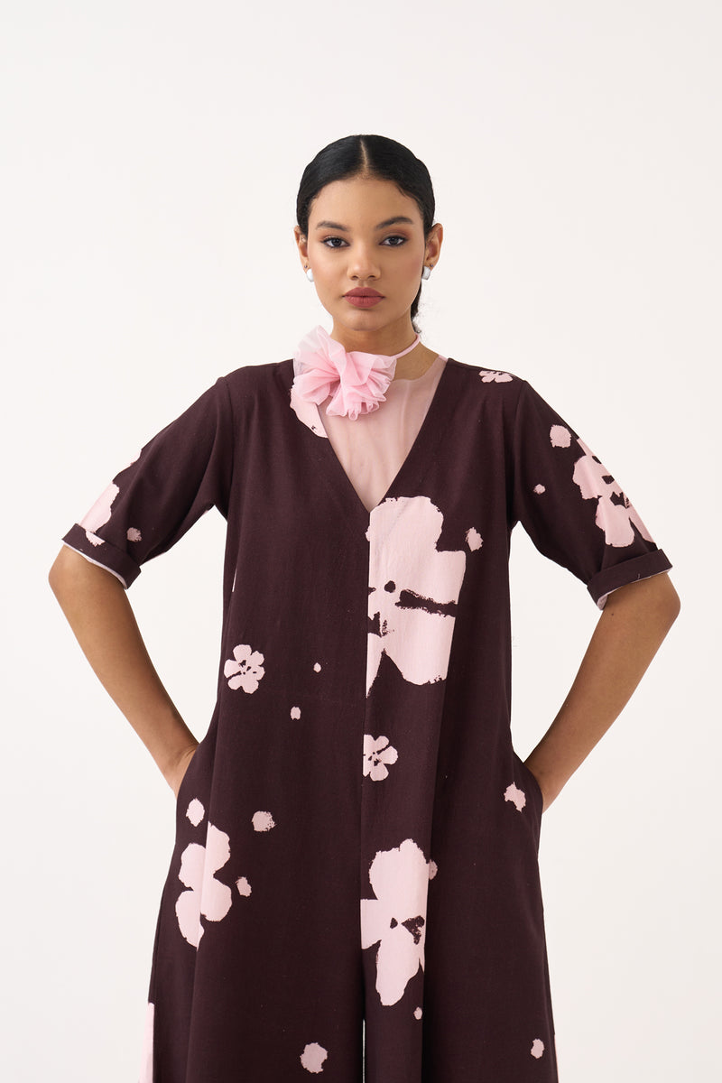 Floral Jumpsuit-Dark Brown Floral crushed cotton jumpsuit by THREE in dark brown for women Worldwide