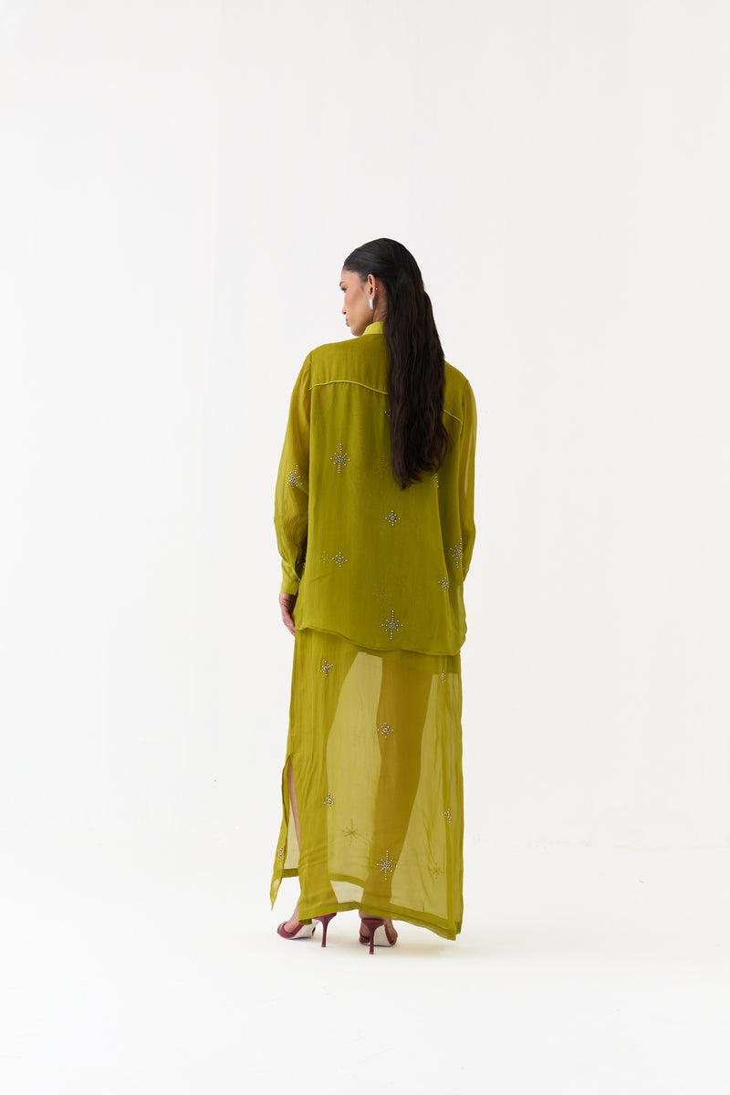 Hand Emb. Detail Shirt Co-Ord (Set Of 2)-Electric Lime organza co-ord set by THREE in yellow for women Worldwide