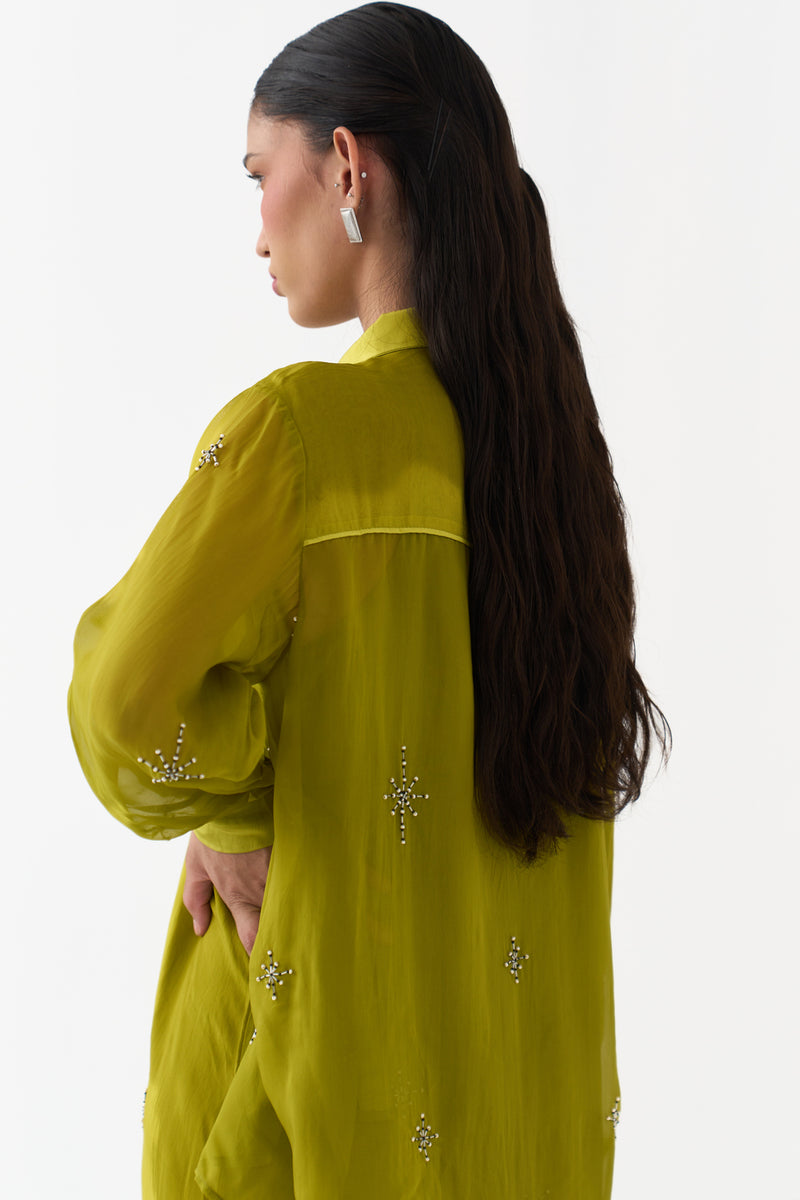 Hand Emb. Detail Shirt Co-Ord (Set Of 2)-Electric Lime organza co-ord set by THREE in yellow for women Worldwide