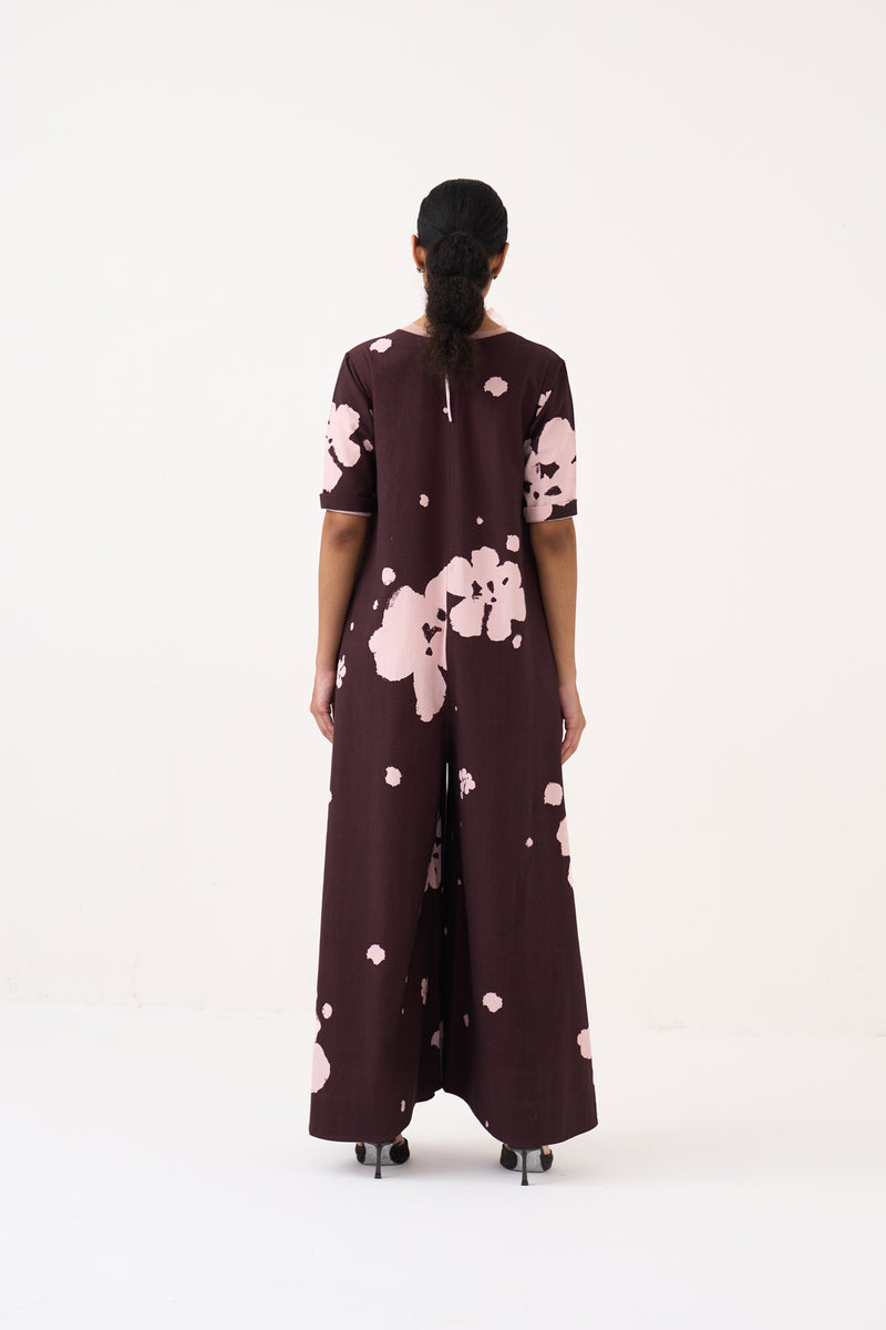 Floral Jumpsuit-Dark Brown Floral crushed cotton jumpsuit by THREE in dark brown for women Worldwide