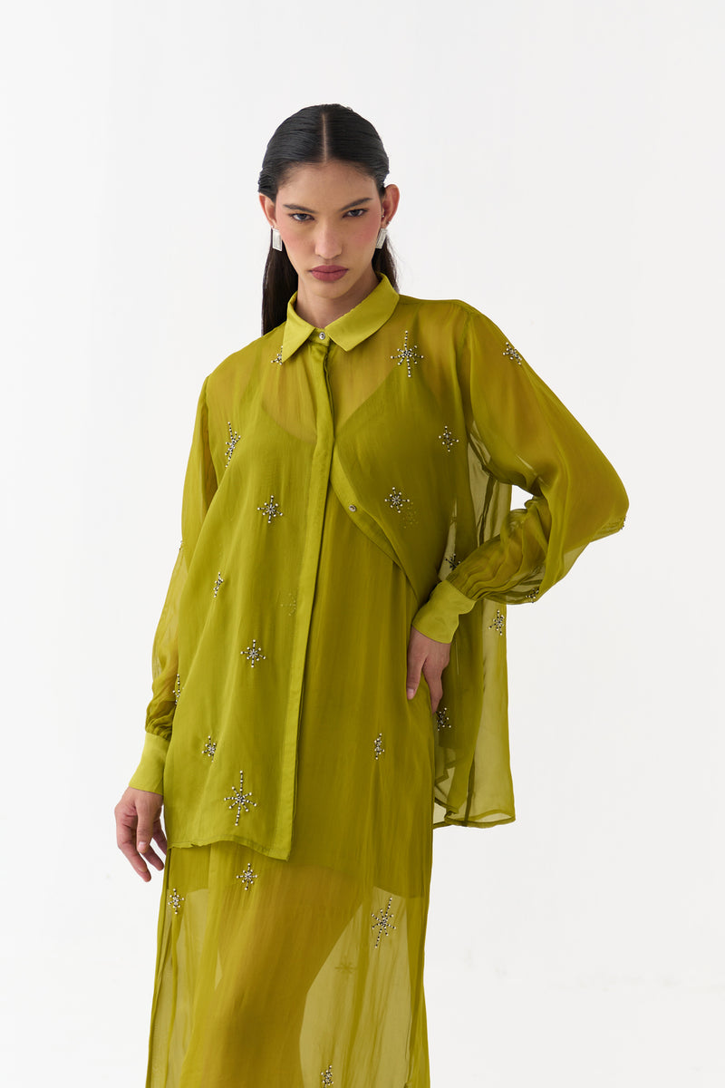 Hand Emb. Detail Shirt-Electric Lime organza top/shirt by THREE in yellow for women Worldwide