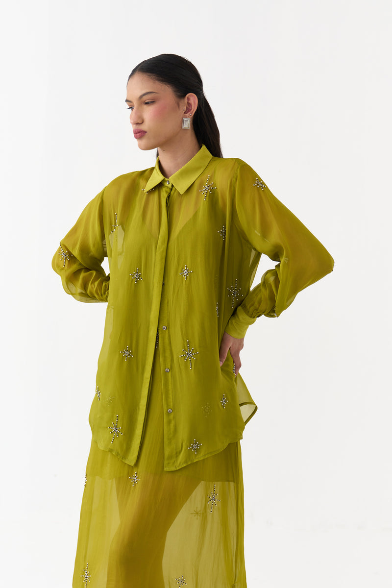 Hand Emb. Detail Shirt-Electric Lime organza top/shirt by THREE in yellow for women Worldwide