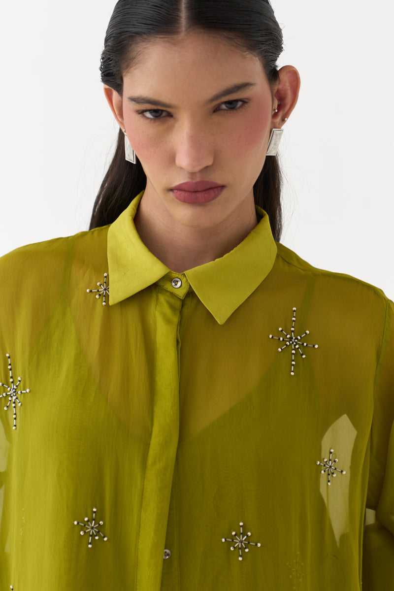 Hand Emb. Detail Shirt-Electric Lime organza top/shirt by THREE in yellow for women Worldwide