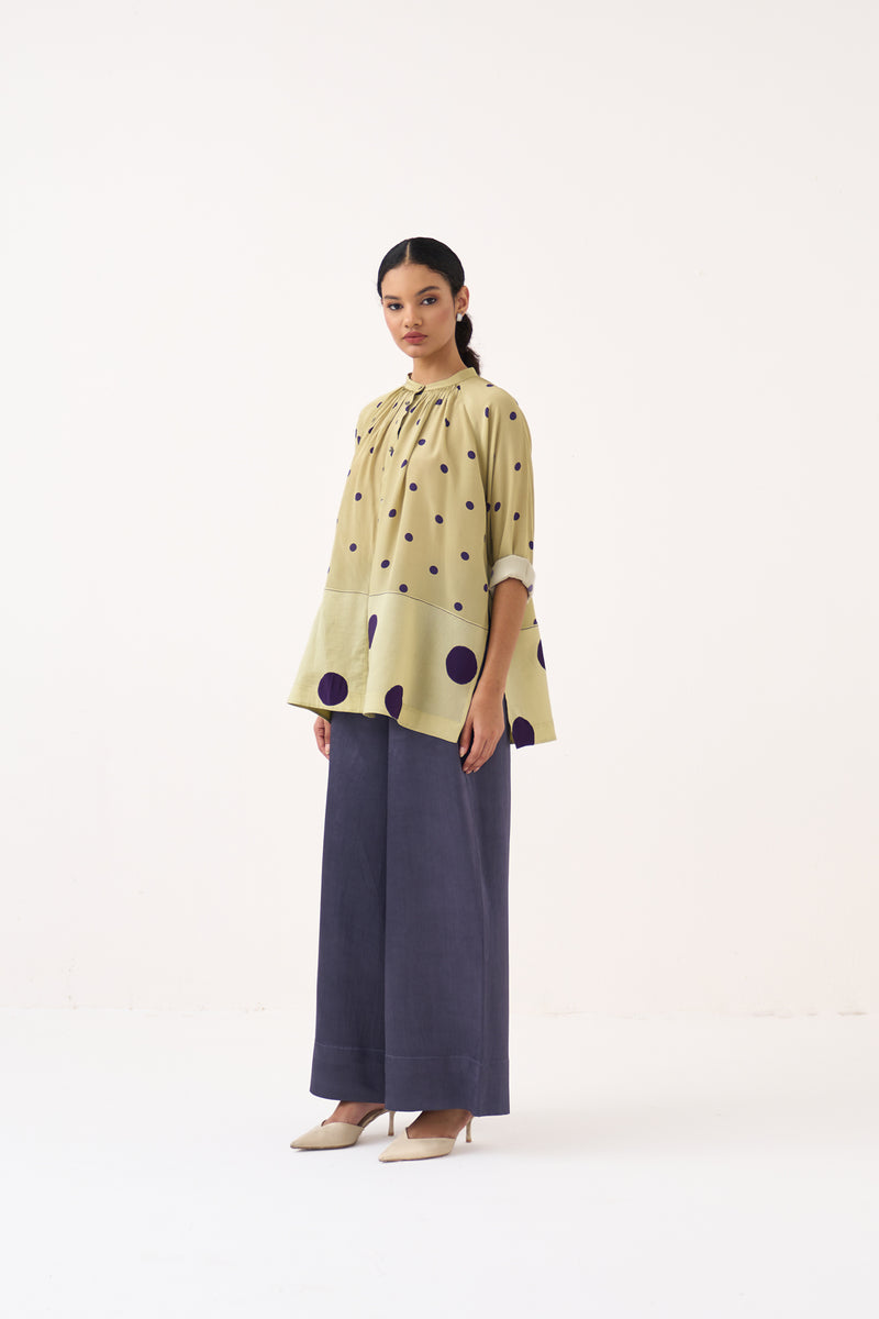 Polka Peasant Top Co-Ord-Soft Moss & Ash Violet crepe co-ord set by THREE in soft moss for women Worldwide