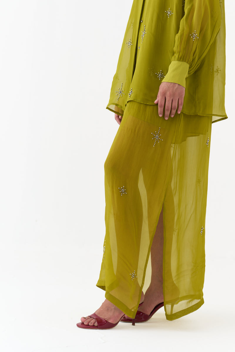 Hand Emb. Detail Shirt Co-Ord (Set Of 2)-Electric Lime organza co-ord set by THREE in yellow for women Worldwide
