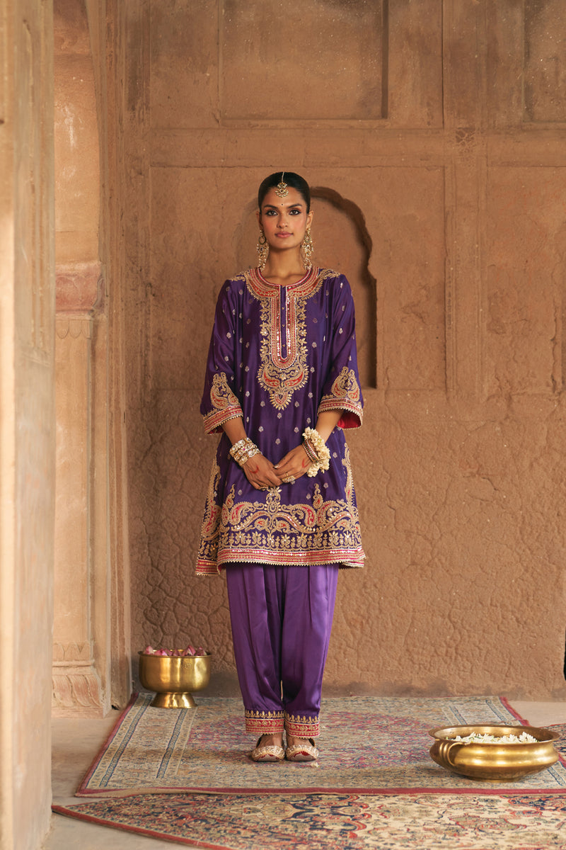 FARHANA - DEEP PURPLE SHORT KURTA WITH SALWAR AND DUPATTA chanderi silk kurta/kurta set by SHEETAL BATRA in purple for women Worldwide