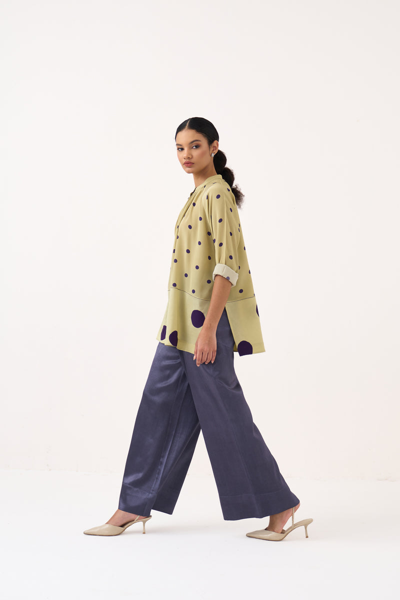 Polka Peasant Top Co-Ord-Soft Moss & Ash Violet crepe co-ord set by THREE in soft moss for women Worldwide