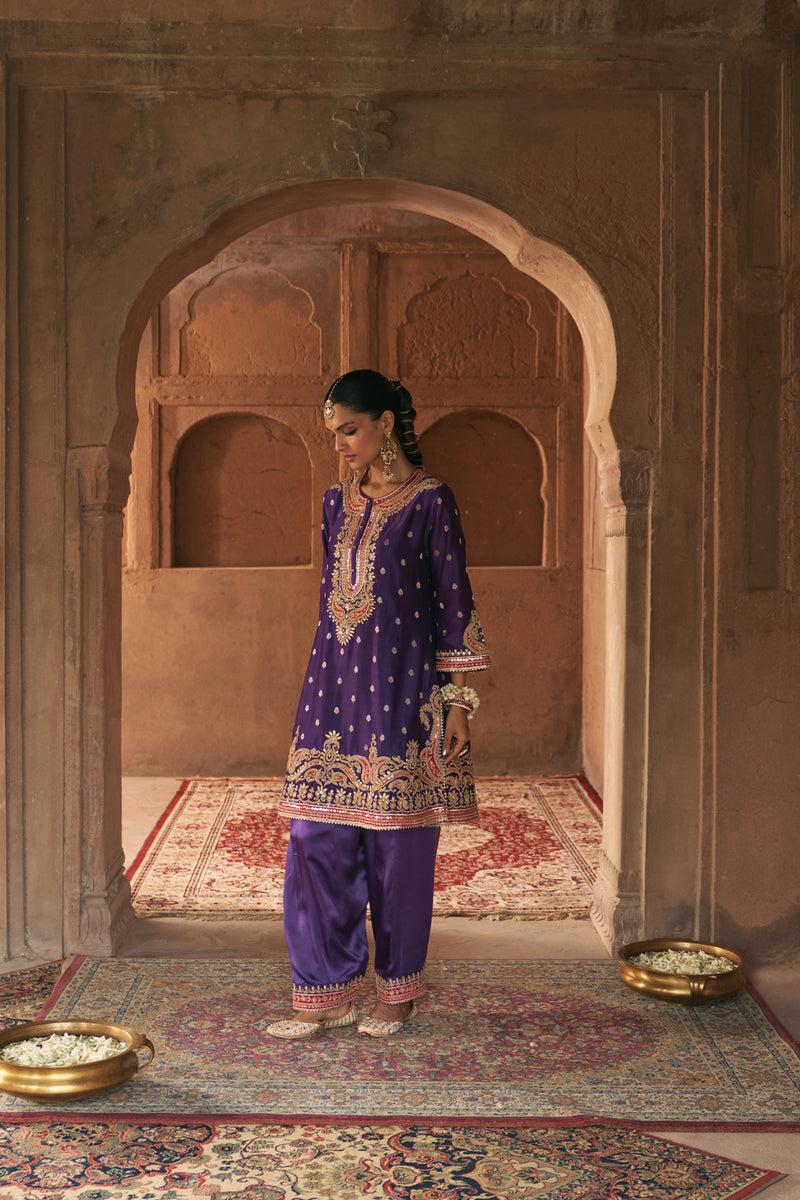 FARHANA - DEEP PURPLE SHORT KURTA WITH SALWAR AND DUPATTA chanderi silk kurta/kurta set by SHEETAL BATRA in purple for women Worldwide