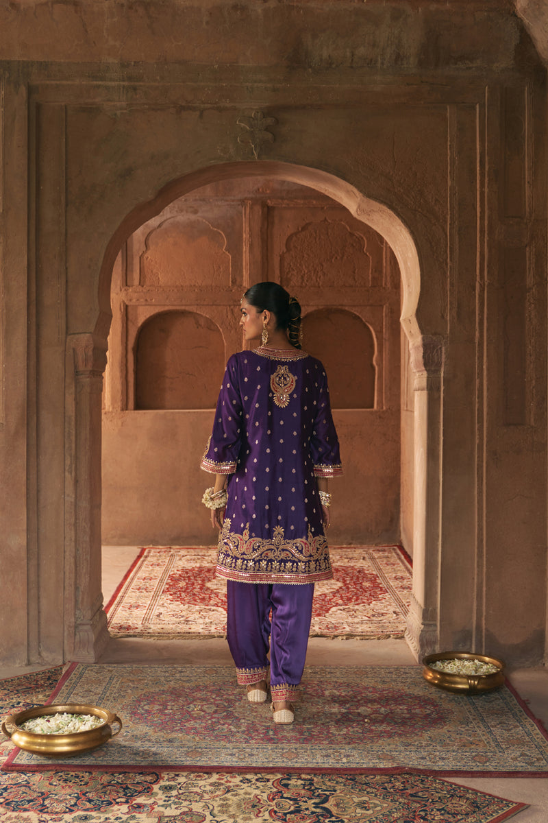 FARHANA - DEEP PURPLE SHORT KURTA WITH SALWAR AND DUPATTA chanderi silk kurta/kurta set by SHEETAL BATRA in purple for women Worldwide