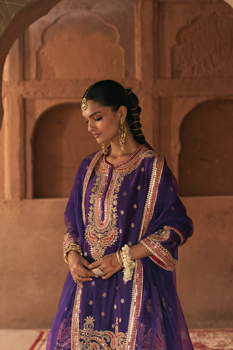 FARHANA - DEEP PURPLE SHORT KURTA WITH SALWAR AND DUPATTA chanderi silk kurta/kurta set by SHEETAL BATRA in purple for women Worldwide