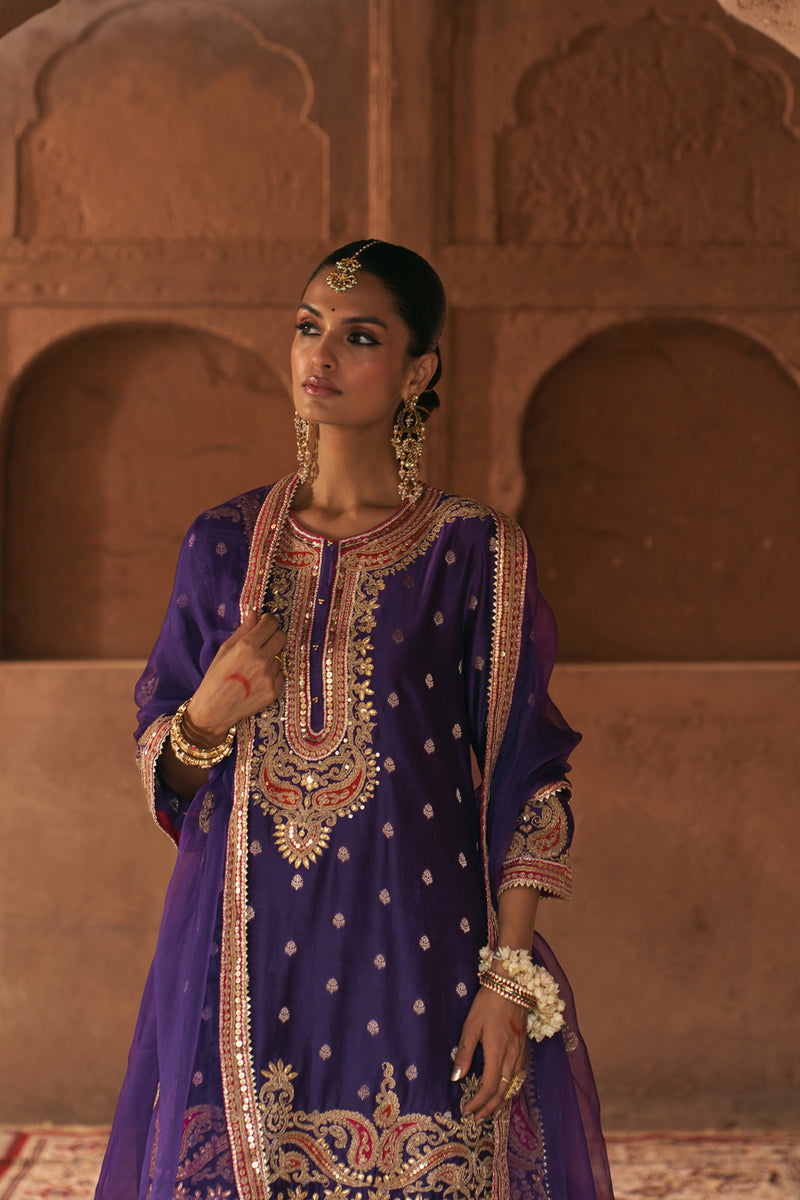 FARHANA - DEEP PURPLE SHORT KURTA WITH SALWAR AND DUPATTA chanderi silk kurta/kurta set by SHEETAL BATRA in purple for women Worldwide