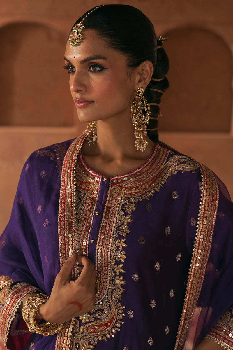 FARHANA - DEEP PURPLE SHORT KURTA WITH SALWAR AND DUPATTA chanderi silk kurta/kurta set by SHEETAL BATRA in purple for women Worldwide