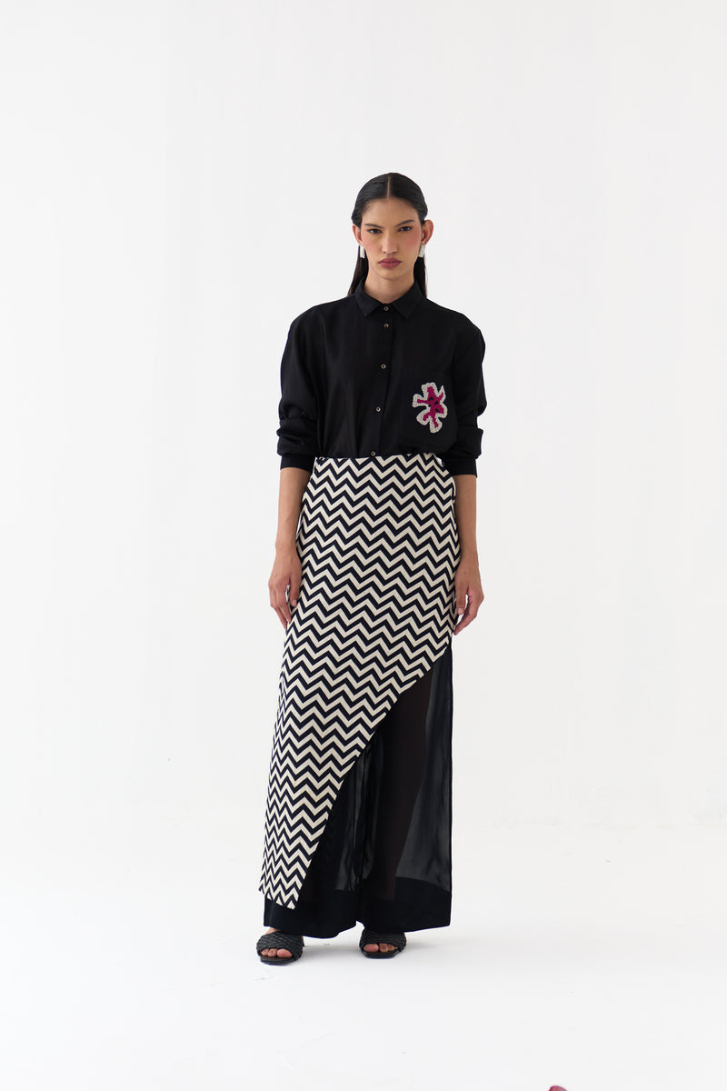 Asymmetric Skirtpant-Black and White Chevron heavy cotton twill, organza skirt by THREE in black, white for women Worldwide