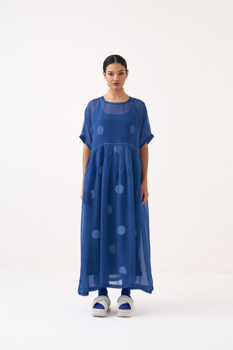 Yoke Gather Dress (Included Slip)-Cobalt Blue Polka organza dress by THREE in cobalt blue for women Worldwide