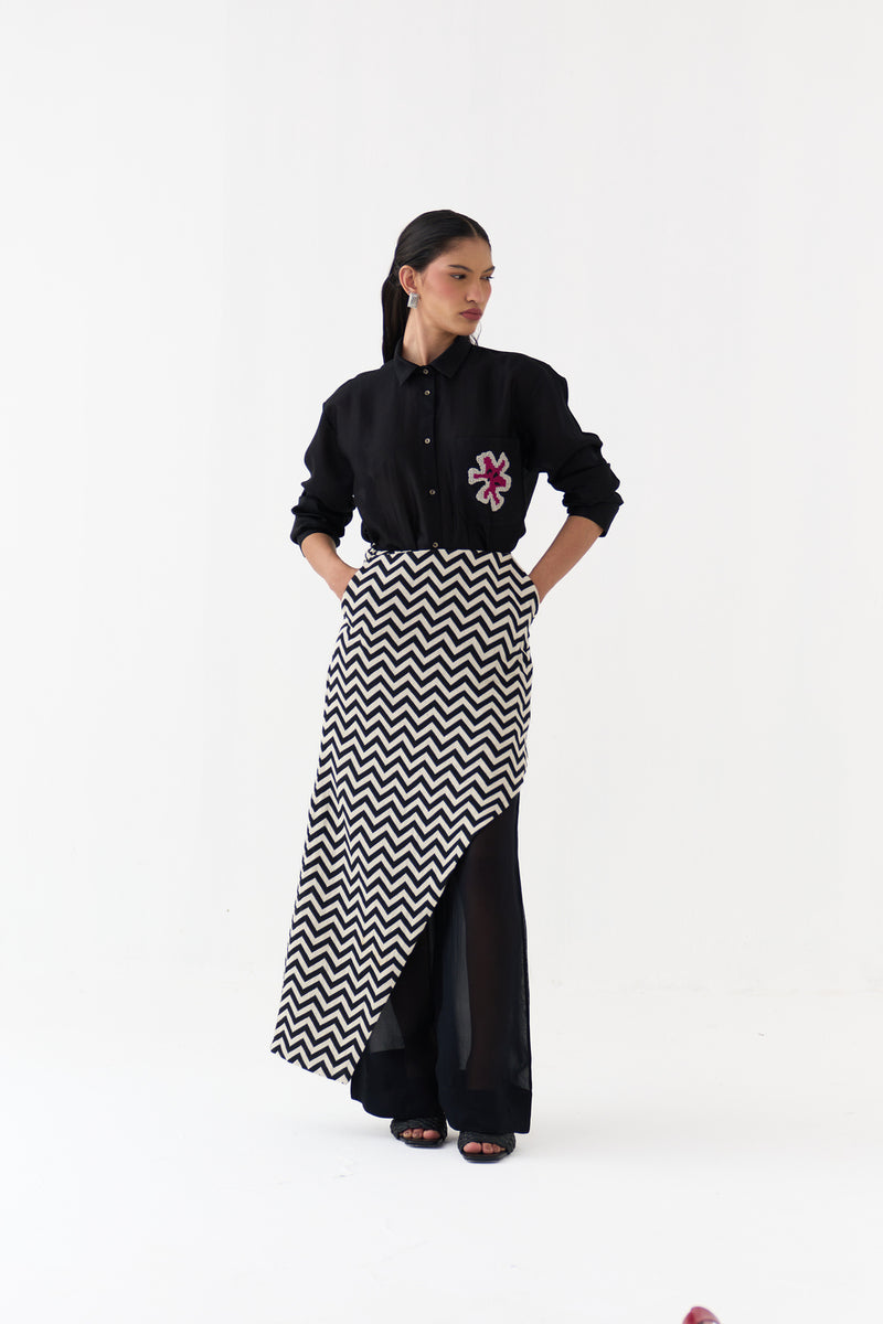 Asymmetric Skirtpant Co-Ord (Set Of 3)-Black chanderi, handwoven cotton co-ord set by THREE in black for women Worldwide