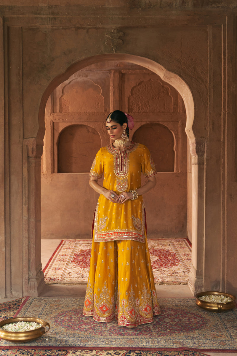 AREESHA - MUSTARD SHORT KURTA WITH SHARARA AND DUPATTA silk chanderi kurta/kurta set by SHEETAL BATRA in mustard for women Worldwide