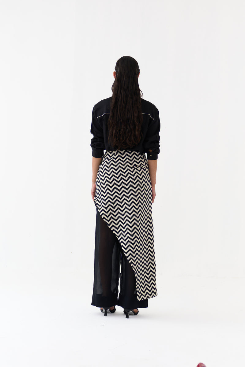 Asymmetric Skirtpant-Black and White Chevron heavy cotton twill, organza skirt by THREE in black, white for women Worldwide