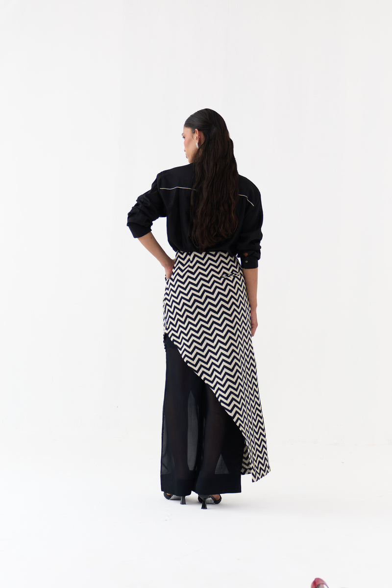 Asymmetric Skirtpant-Black and White Chevron heavy cotton twill, organza skirt by THREE in black, white for women Worldwide