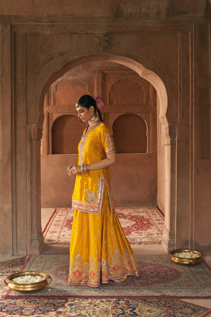 AREESHA - MUSTARD SHORT KURTA WITH SHARARA AND DUPATTA silk chanderi kurta/kurta set by SHEETAL BATRA in mustard for women Worldwide