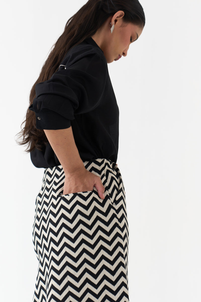 Asymmetric Skirtpant-Black and White Chevron heavy cotton twill, organza skirt by THREE in black, white for women Worldwide