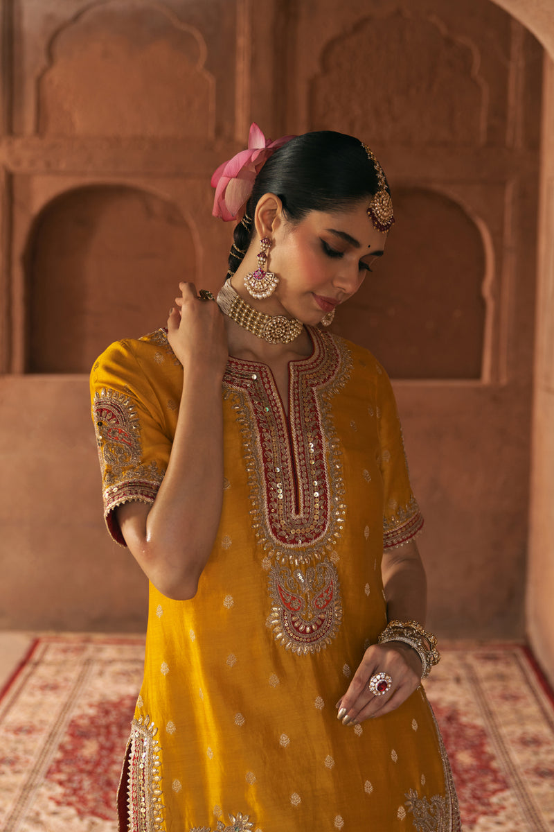 AREESHA - MUSTARD SHORT KURTA WITH SHARARA AND DUPATTA silk chanderi kurta/kurta set by SHEETAL BATRA in mustard for women Worldwide