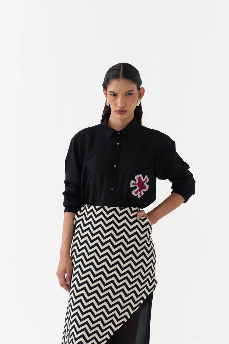 Asymmetric Skirtpant-Black and White Chevron heavy cotton twill, organza skirt by THREE in black, white for women Worldwide