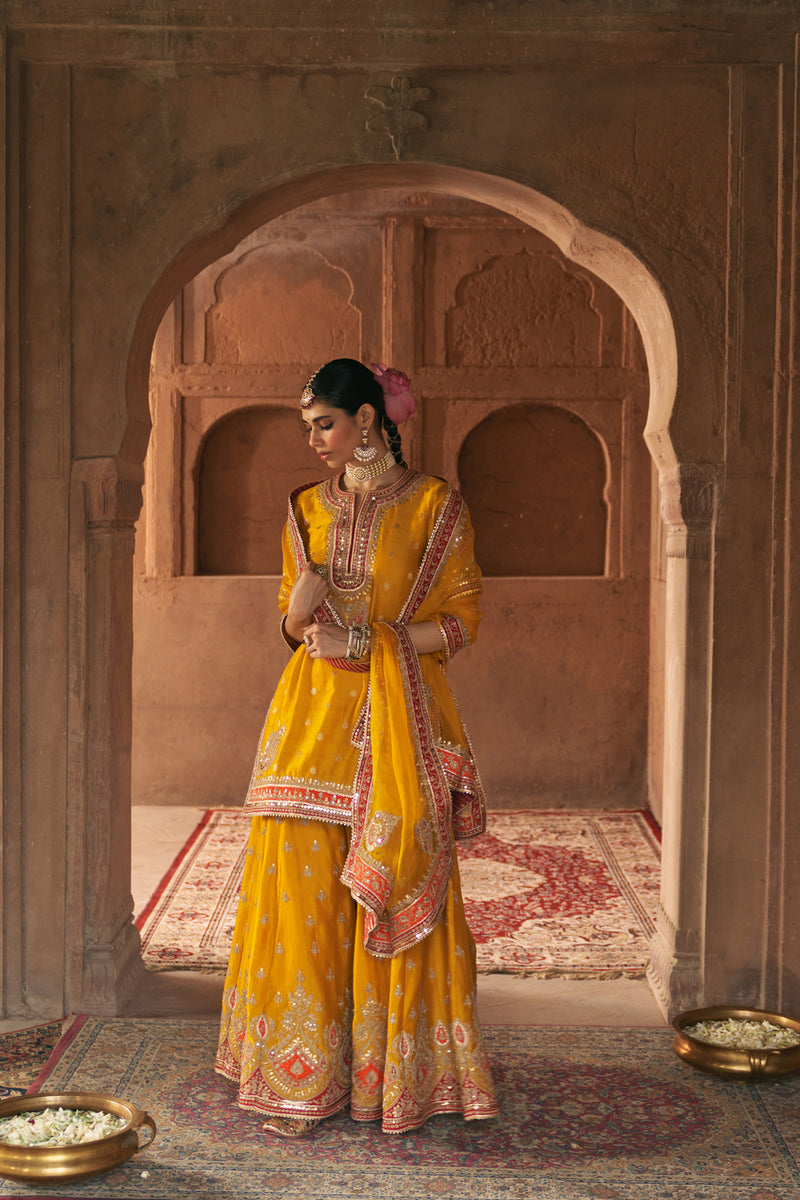 AREESHA - MUSTARD SHORT KURTA WITH SHARARA AND DUPATTA silk chanderi kurta/kurta set by SHEETAL BATRA in mustard for women Worldwide