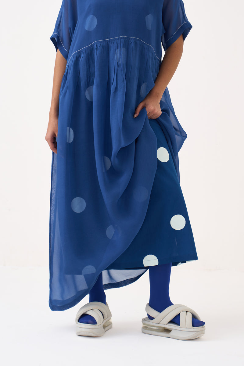 Yoke Gather Dress (Included Slip)-Cobalt Blue Polka organza dress by THREE in cobalt blue for women Worldwide