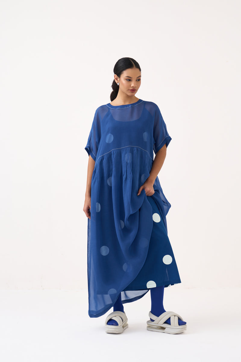 Yoke Gather Dress (Included Slip)-Cobalt Blue Polka organza dress by THREE in cobalt blue for women Worldwide