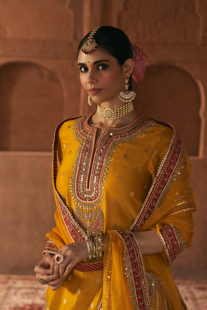 AREESHA - MUSTARD SHORT KURTA WITH SHARARA AND DUPATTA silk chanderi kurta/kurta set by SHEETAL BATRA in mustard for women Worldwide