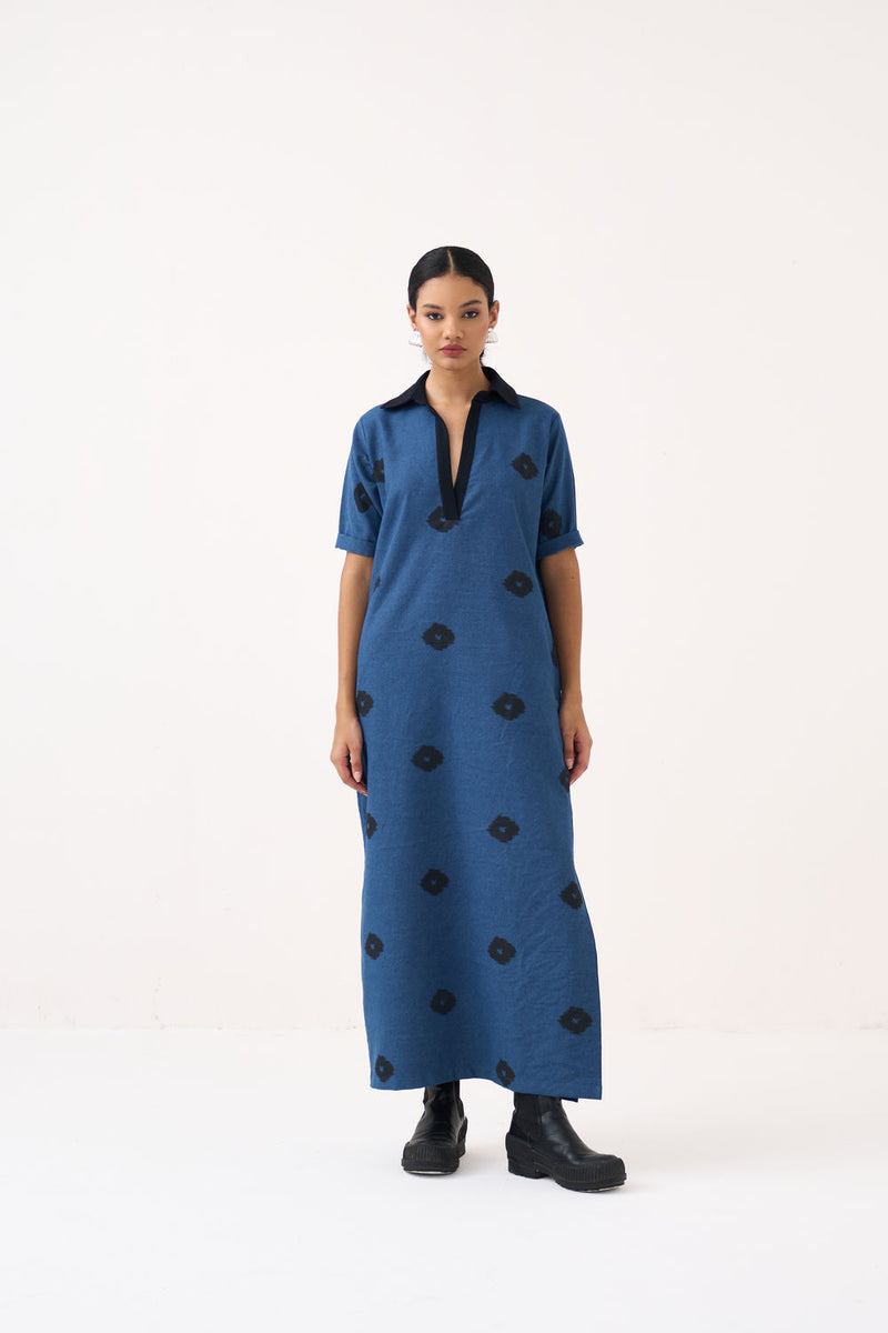 Block Print Denim Dress-Blue Denim denim dress by THREE in blue for women Worldwide