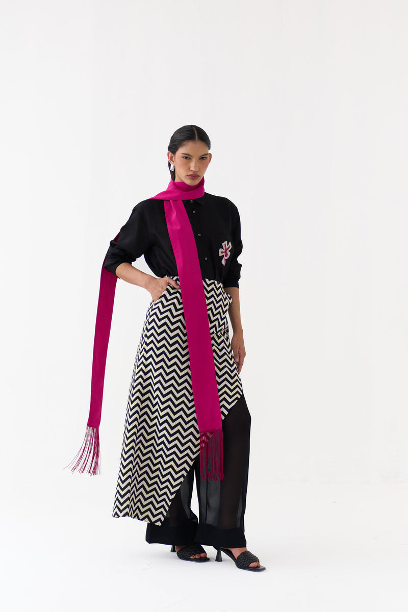Asymmetric Skirtpant Co-Ord (Set Of 3)-Black chanderi, handwoven cotton co-ord set by THREE in black for women Worldwide