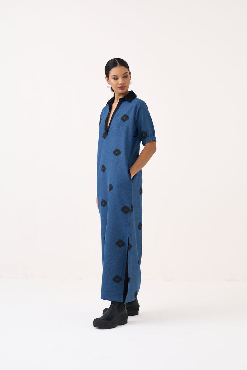 Block Print Denim Dress-Blue Denim denim dress by THREE in blue for women Worldwide