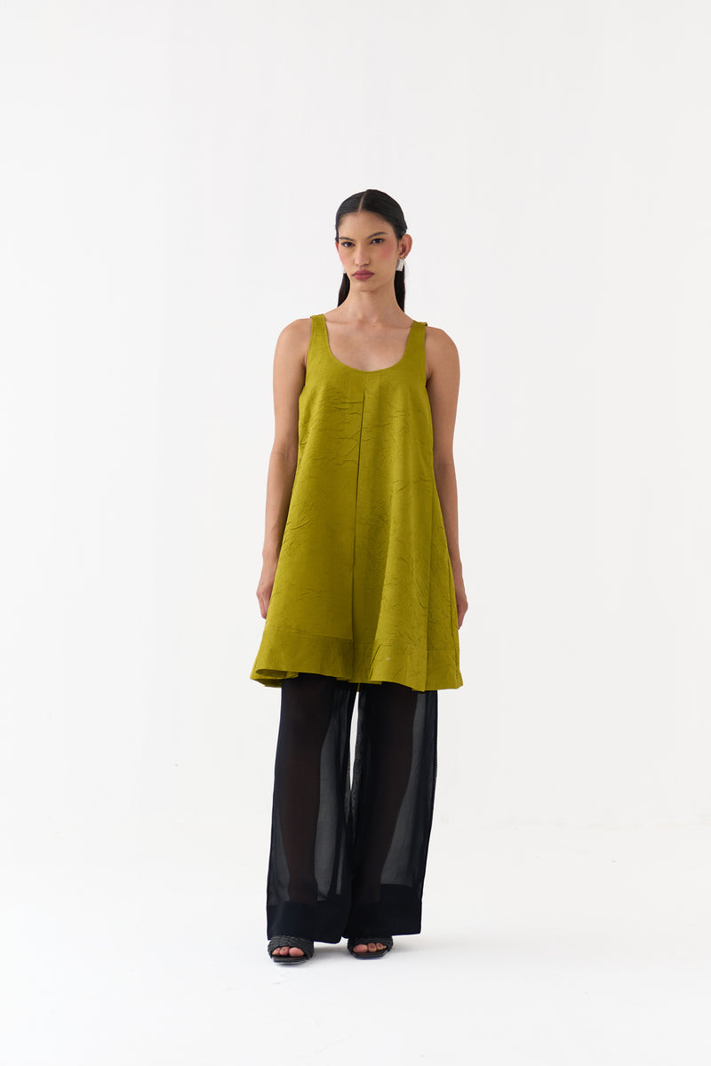 U-Neck Pleated Tunic-Electric Lime crushed chanderi tunics/kaftan by THREE in yellow for women Worldwide