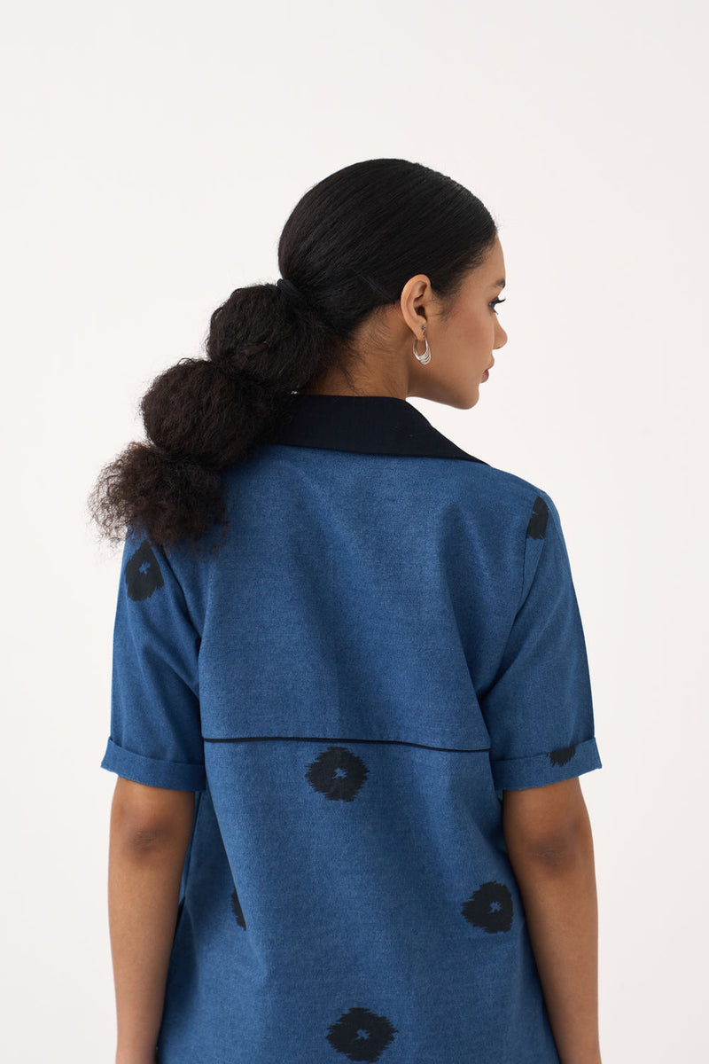 Block Print Denim Dress-Blue Denim denim dress by THREE in blue for women Worldwide
