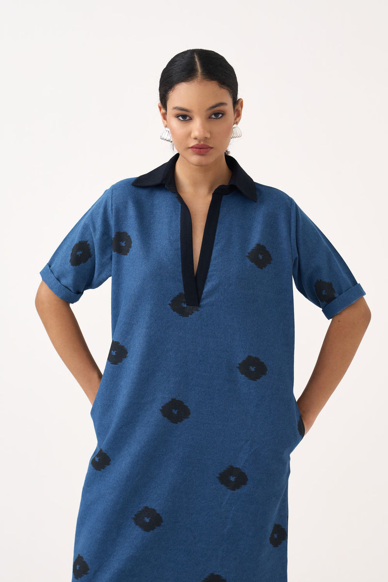 Block Print Denim Dress-Blue Denim denim dress by THREE in blue for women Worldwide