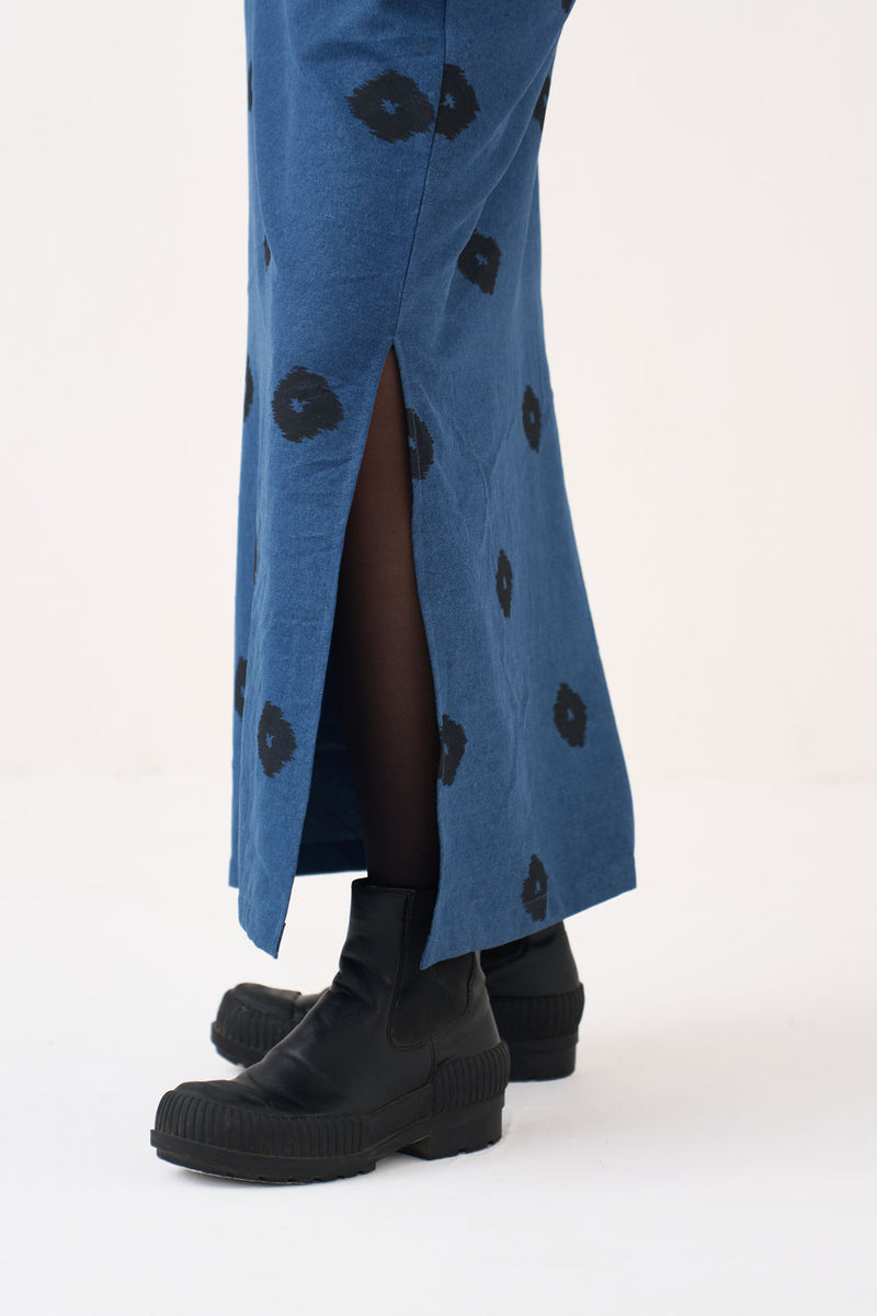 Block Print Denim Dress-Blue Denim denim dress by THREE in blue for women Worldwide