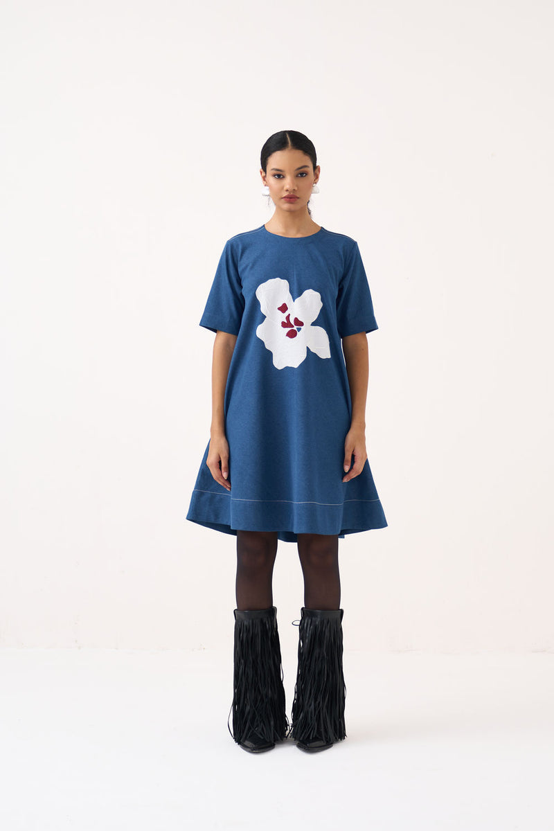 Textured Applique Denim Dress-Blue Denim denim dress by THREE in blue for women Worldwide