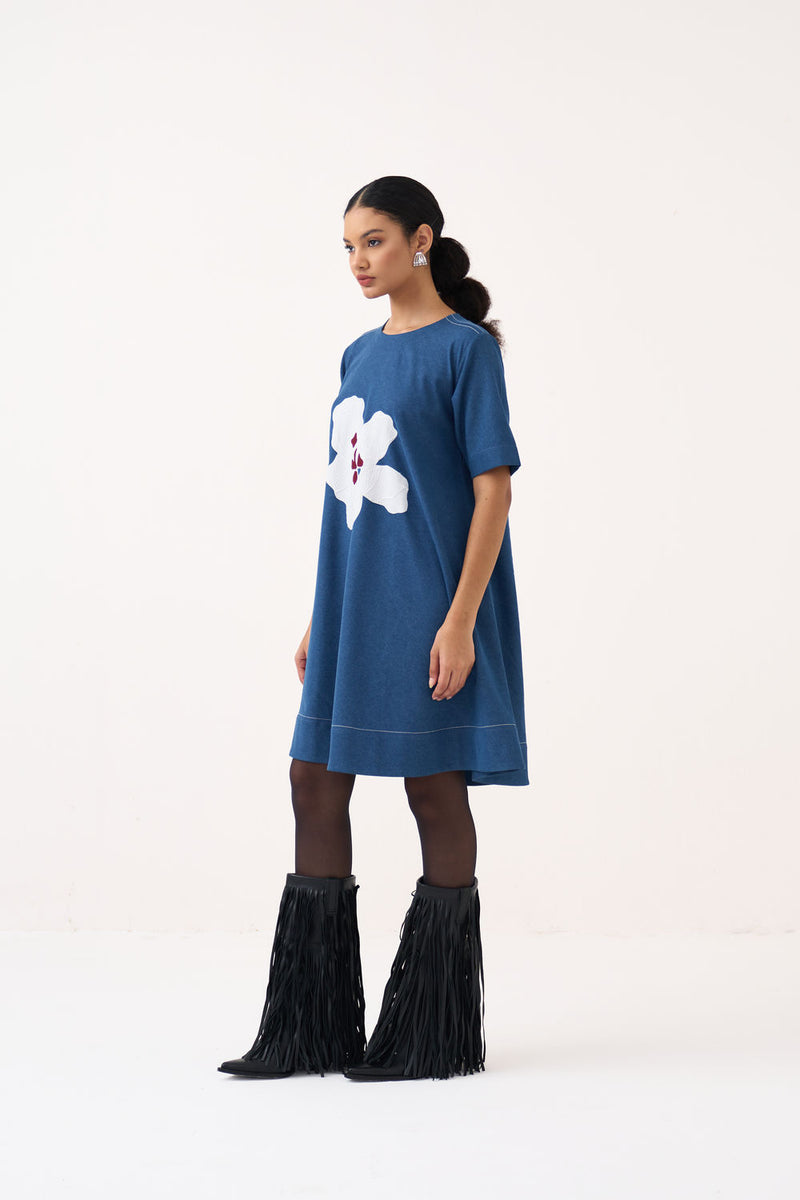 Textured Applique Denim Dress-Blue Denim denim dress by THREE in blue for women Worldwide
