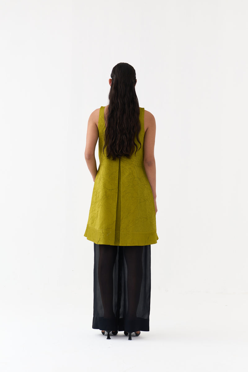 U-Neck Pleated Tunic-Electric Lime crushed chanderi tunics/kaftan by THREE in yellow for women Worldwide