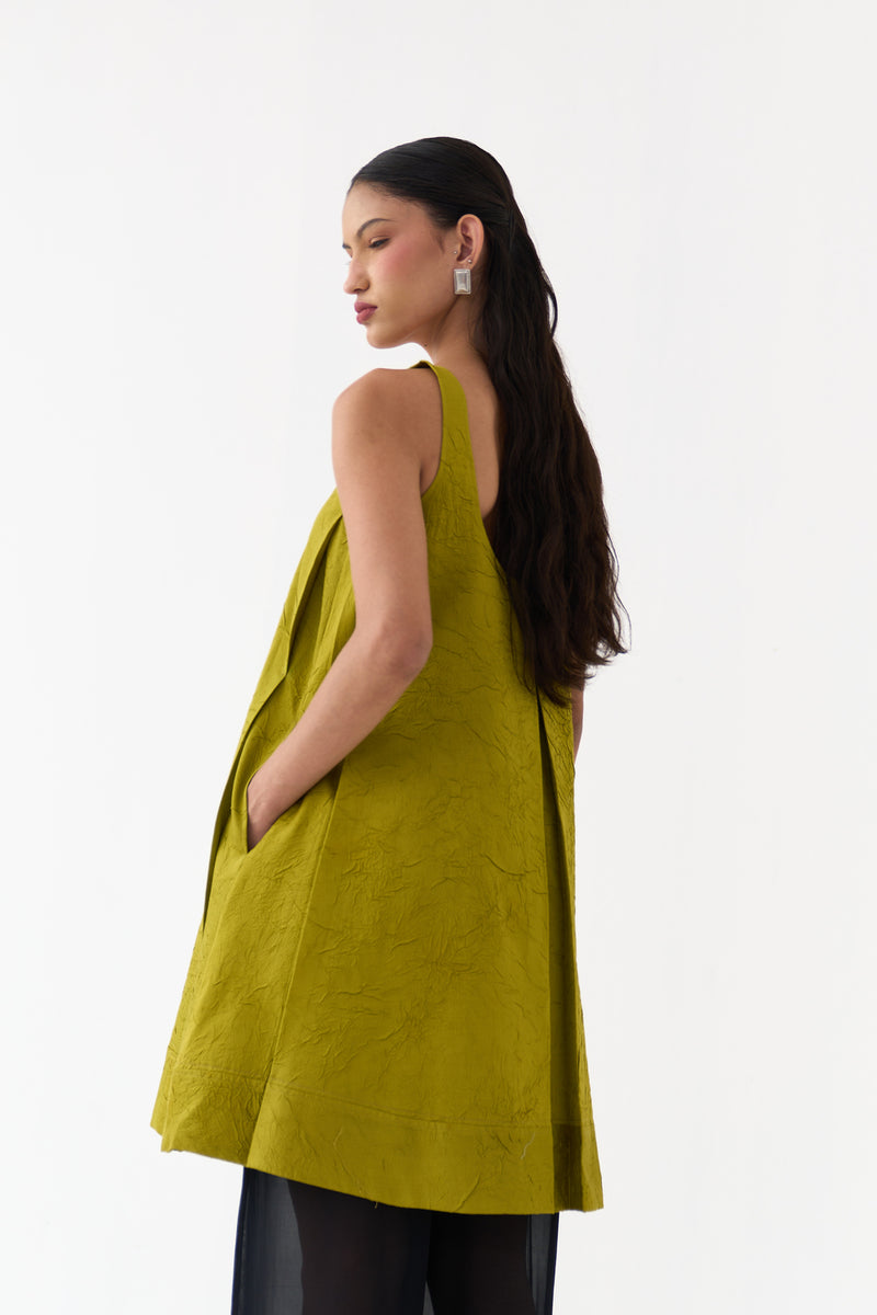 U-Neck Pleated Tunic-Electric Lime crushed chanderi tunics/kaftan by THREE in yellow for women Worldwide