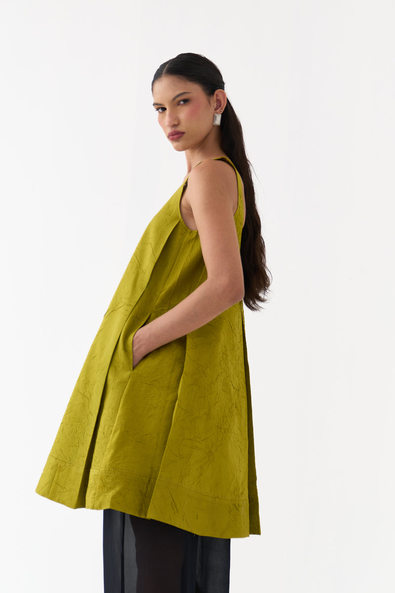U-Neck Pleated Tunic-Electric Lime crushed chanderi tunics/kaftan by THREE in yellow for women Worldwide