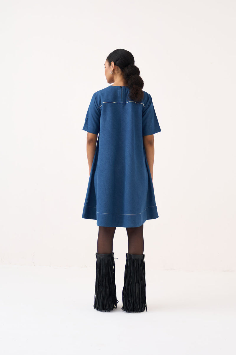 Textured Applique Denim Dress-Blue Denim denim dress by THREE in blue for women Worldwide