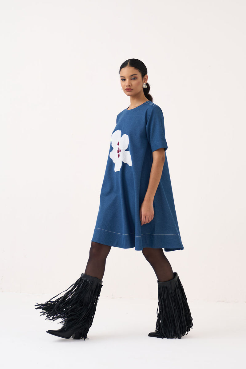 Textured Applique Denim Dress-Blue Denim denim dress by THREE in blue for women Worldwide