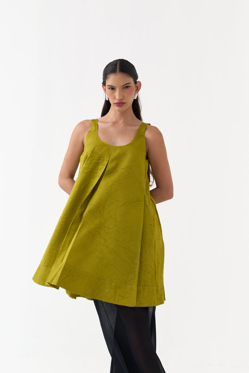 U-Neck Pleated Tunic-Electric Lime crushed chanderi tunics/kaftan by THREE in yellow for women Worldwide