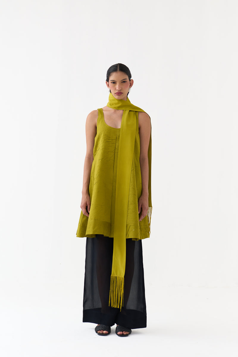 U-Neck Pleated Tunic-Electric Lime crushed chanderi tunics/kaftan by THREE in yellow for women Worldwide