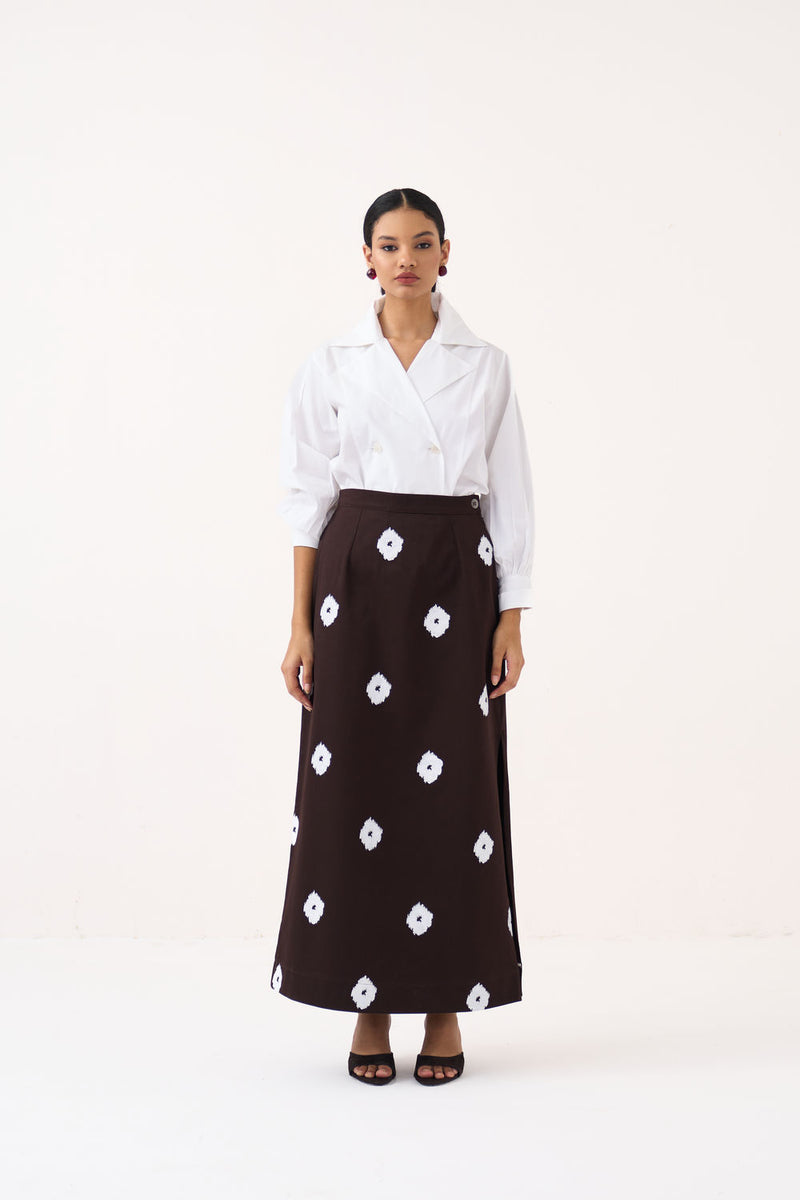 Hand Block Print Skirt Co-Ord (Set Of 2)-Dark Brown hard cotton twill co-ord set by THREE in brown, white for women Worldwide