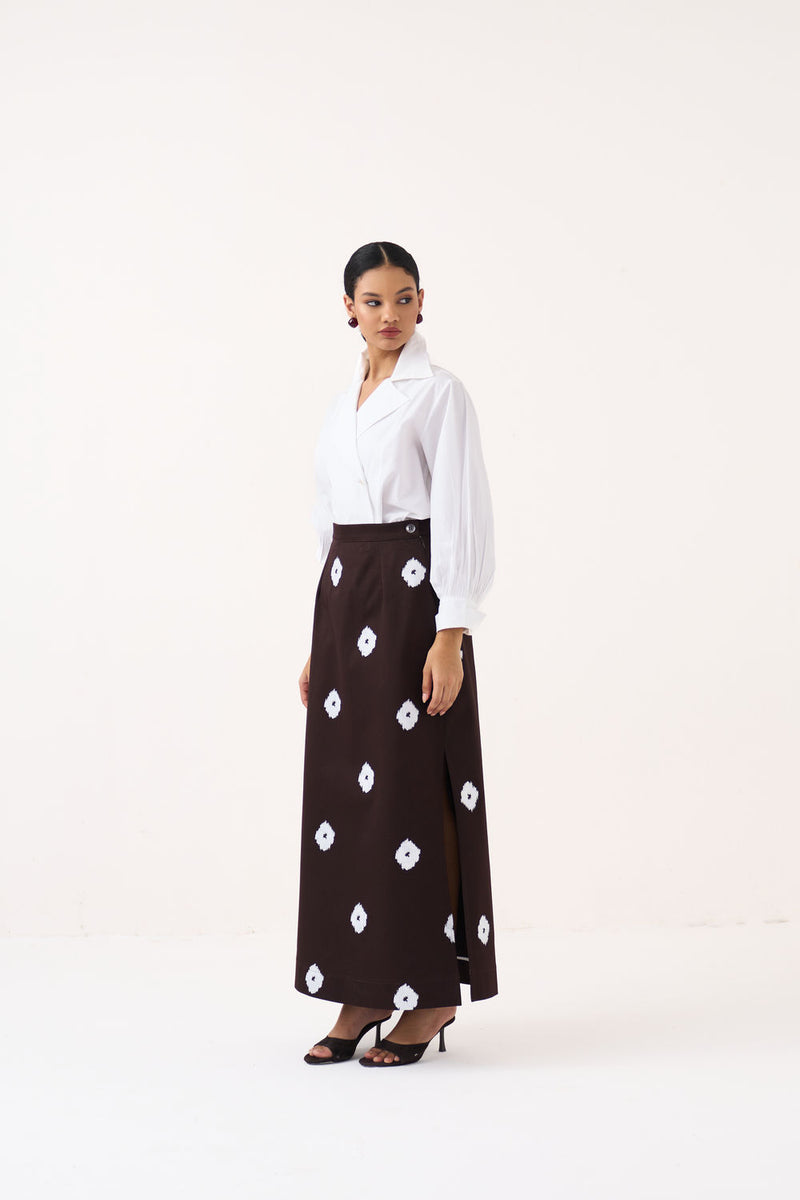 Hand Block Print Skirt-Dark Brown hard cotton twill skirt by THREE in brown for women Worldwide