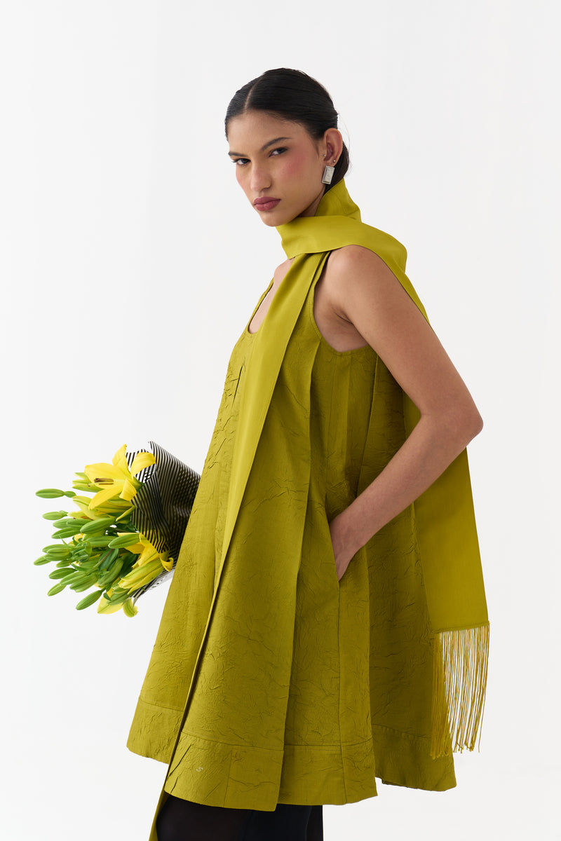 U-Neck Pleated Tunic-Electric Lime crushed chanderi tunics/kaftan by THREE in yellow for women Worldwide